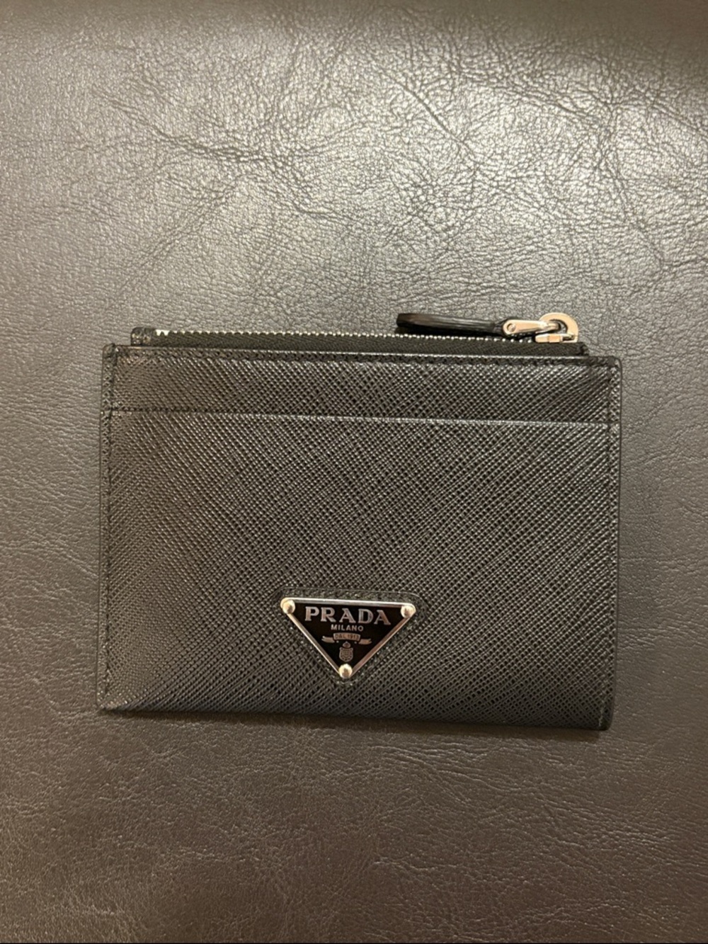 Prada Black Saffiano Leather Zip Card Holder with Top Zip